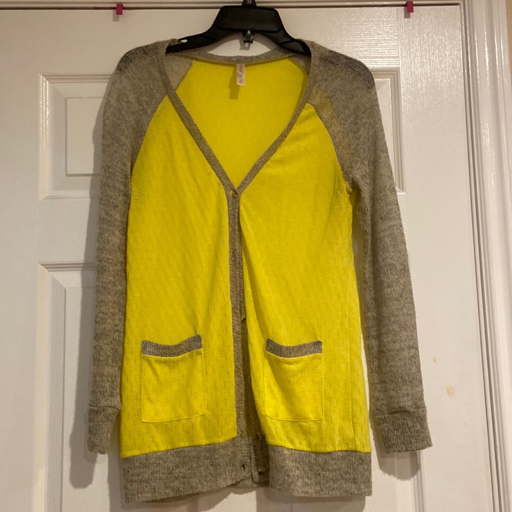 Yellow and Light Gray Button Up Cardigan